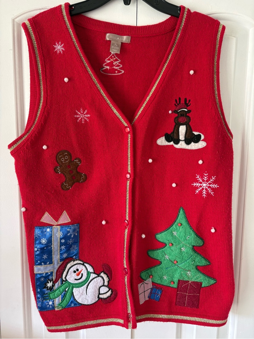 Woman Red Snowman Holiday Sweater Vest Medium 8-10 Beaded Embroidered